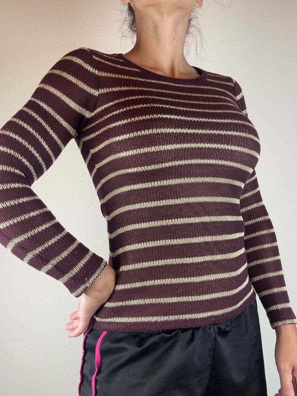 Michael Kors size XS Metallic Striped Ribbed Knit Crew Neck Sweater Top Purple